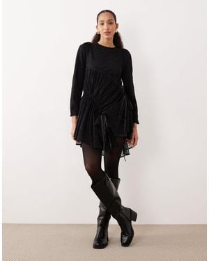 Ghospell Cotton Blend Lace Ruched Tie Detail Mini Dress - Black