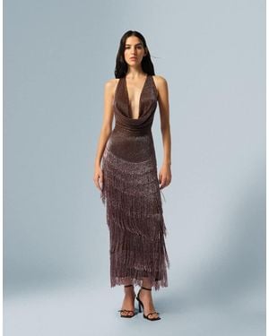 ARRANGE Beaded Fringe Plunge Cowl Maxi Dress - Blue