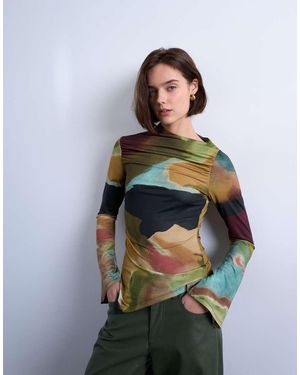 TOPSHOP Print Slash Neck Asymmetric Top - Multicolour