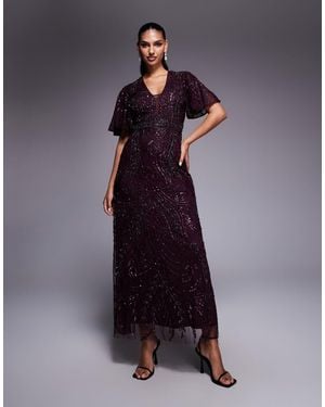 Beauut Fully Embellished Beaded Mech V-neck Flutter Sleeve Maxi Dress - Blue