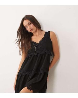 Fashionkilla Exclusive Crepe Lace Trim Cami Babydoll Mini Dress - Black