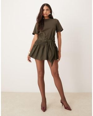 ASOS Tie Front T-shirt Mini Dress With Poplin Skirt - Natural