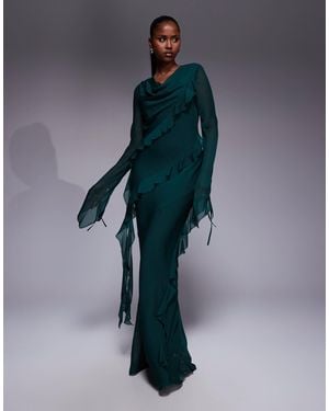 DASKA Robe longue en mousseline à volants - émeraude - Bleu