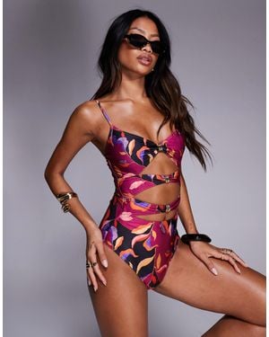 South Beach Maillot 1 pièce à découpes et imprimé abstrait - magenta - Rouge