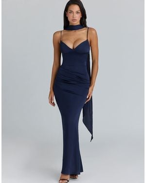 House Of Cb Freya Satin Gathered Maxi Dress + Scarf - Blue