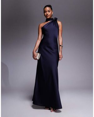 Jarlo One Shoulder Satin Maxi Dress With Corsage Neck Detail - Blue