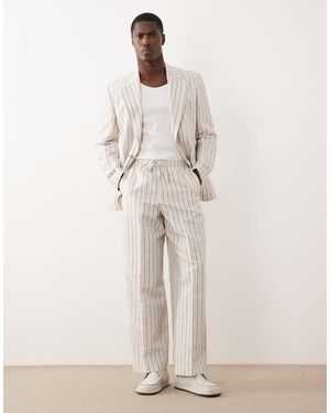 ASOS Wide Leg Linen Blend Suit Pants With Elastic Waist - Natural