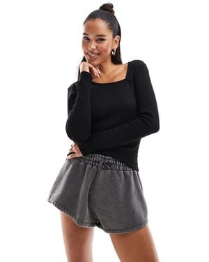 Jdy Long Sleeve Ribbed Square Neck Top - Black