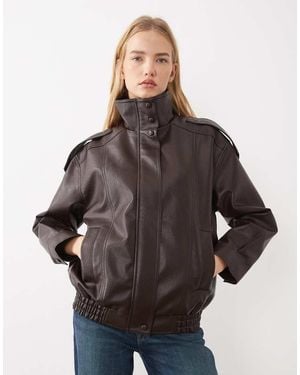 New Look Oversized Funnel Neck Faux Leather Jacket - Brown