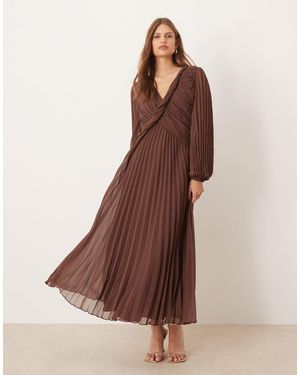 ASOS Twist Detail Wrap Front Pleated Midi Dress - Brown