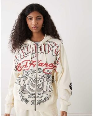 Ed Hardy Gothic Roses Zip Through Hoodie - White