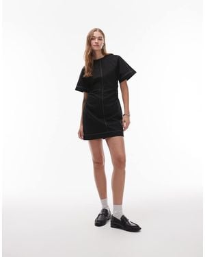 TOPSHOP Heavy Twill Contrast Stitch Short Sleeve Mini Dress - Black