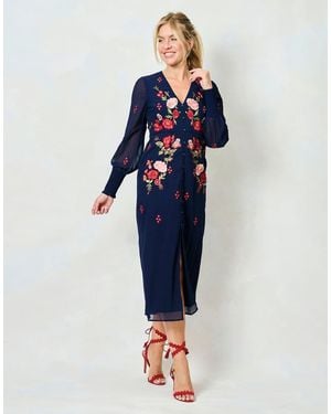 Hope & Ivy The Jodie Blouson Sleeve Embroidered V-Neck Midi Dress With Front Split - Blue