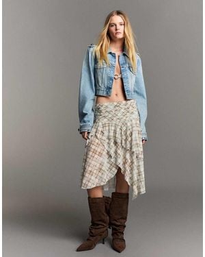 Bershka Checked Midi Skirt - Grey