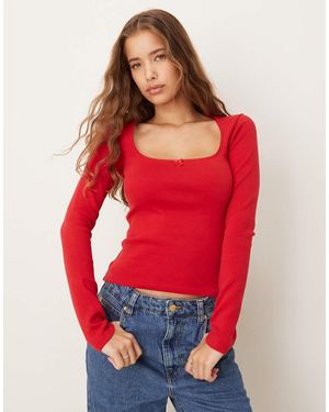 Gina Tricot Bow Tight Rib Long Sleeve Top - Red
