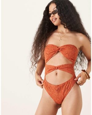 ASOS Asos Design Petite Kyle Eyelet Brooke Twist Front Strapless Swimsuit - Orange