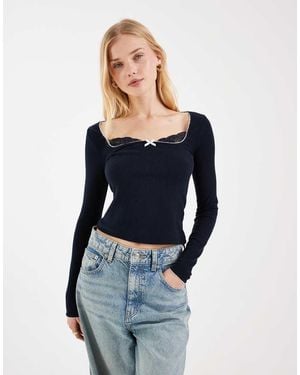 Miss Selfridge Long Sleeve Rib Knit Top With Lace Detailing - Blue