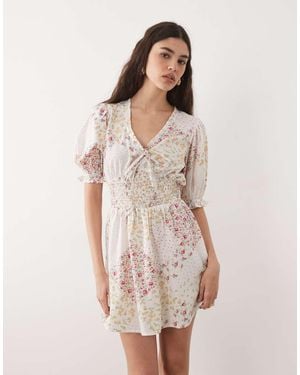 Wednesday's Girl Wednesdays Girl Shirred Waist Floaty Mini Dress Spliced Floral Spot - Natural