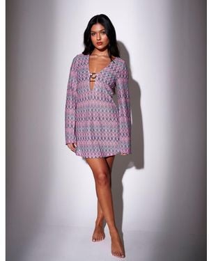 South Beach Chevron Crochet Ring Decal Mini Kaftan Dress - Purple