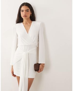 TFNC London Slinky V Neck Shoulder Pad Drape Detail Mini Dress - White