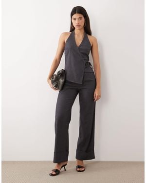 Kaiia Exclusive Tailored Stretch Woven Wide Leg Turn Up Detail Pants Co-Ord - Gray