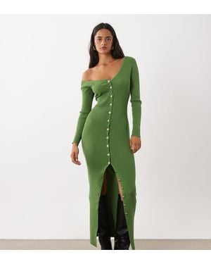 Kaiia Exclusieve Geribbelde Gebreide Maxi-Jurk Met Asymmetrische Halslijn En Knoopsluiting - Groen