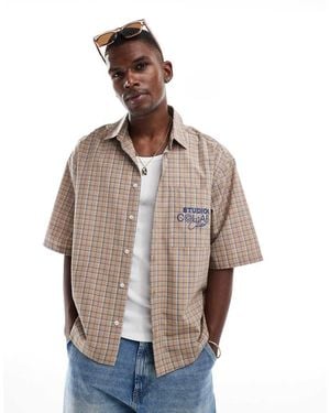 ASOS Camicia Oversize Squadrata A Quadri Con Stampa Sul Petto - Grigio