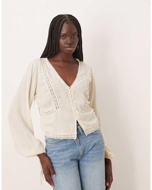 ASOS Textured Long Sleeve Lace Insert Blouse - Natural