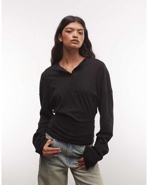 Weekday Henley Long Sleeve Top With Cinched Waist - Black