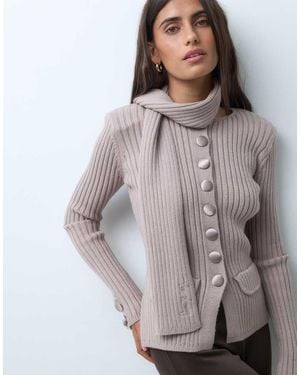 House Of Sunny Power Peggy Classic Rib Knit Button Up Cardigan With Scarf - Grey
