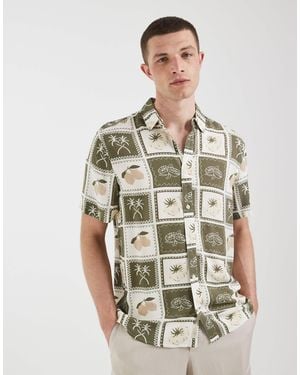 Blend 100% Cotton Regular Fit Summer Patchwork Print Shirt - Brown