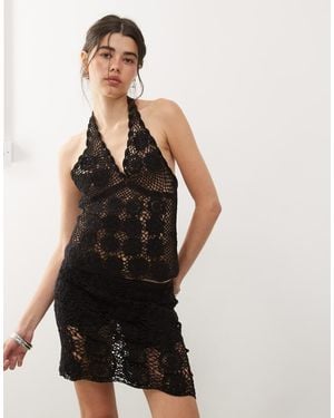 Collusion Crochet Knitted Halter Neck Top - Black