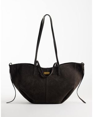 Gina Tricot Faux Suede Large Tote Bag With Strap Detail - Black