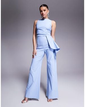 Vesper Bengaline High Neck Drape Side Detail Wide Leg Jumpsuit - Blue