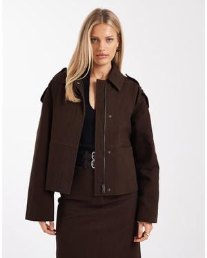 4th & Reckless Cotton Rich Buckle Detail Zip Through Harrington Jacket Co-ord - Brown