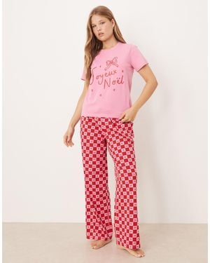Threadbare Short Sleeve Noel Print Pajamas With Pattern Pants - Pink