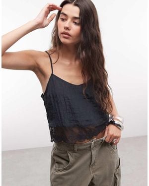 Monki Textured Satin Lace Top - Black