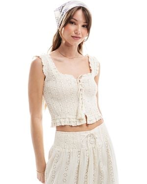 The Frolic Exclusive Broderie Shirred Tie Tassel Detail Crop Top Co-ord - Natural