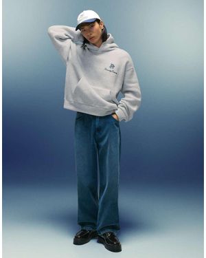 Bershka Boxy-Fit Printed Hoodie - Blue