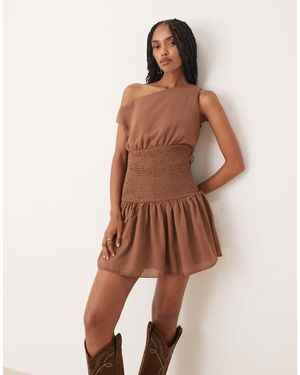 Daisy Street Off The Shoulder Boho Georgette Shirred Detail Mini Dress - Brown
