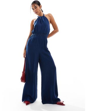 Mango Halterneck Denim Look Jumpsuit - Blue