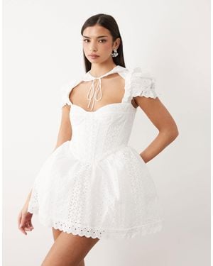 Bardot Allington Broderie Corset Puff Sleeve Tie Collar Detail Mini Dress - White