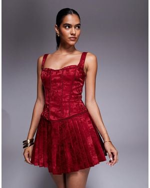 Murci Satin Jacquard Structu Corset Square Neck Pleated Mini Dress - Red