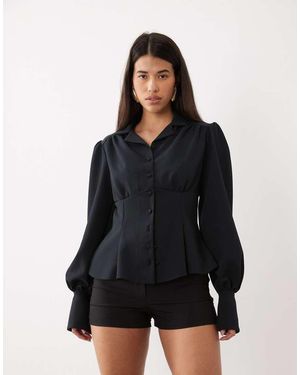DASKA Blouse Met V-Hals, Kraag, Getailleerde Taille En Ballonmouwen - Zwart
