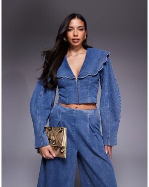 ASOS Blazer d'ensemble court en jean avec col oversize - moyen - Bleu