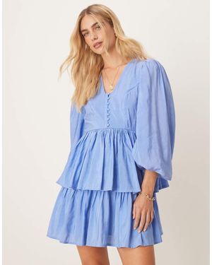 Y.A.S Puff Sleeve Button Front Boho Mini Dress - Blue
