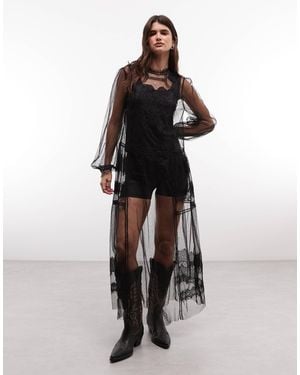 AllSaints Cesca midikleid aus spitze mit langen ärmeln und stehkragen - Schwarz