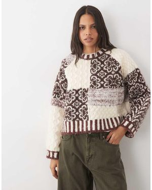Pieces Premium Textured Patchwork Knitted Jumper - Brown