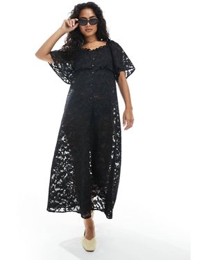 Object Sheer Burnout Floral Boho Layering Dress - Black