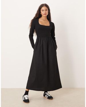 Threadbare Long Sleeve Square Neck Midi Dress With Poplin Skirt - Black